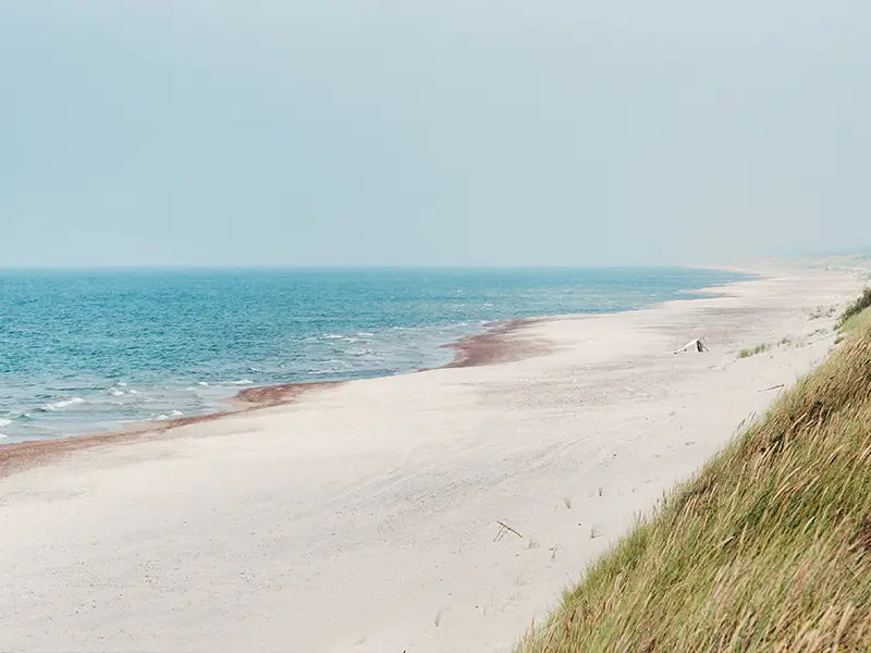 Zu sehen ist ein ruhiger, menschenloser Strandabschnitt mit dem Blick auf das Meer und einem Grasabschnitt.